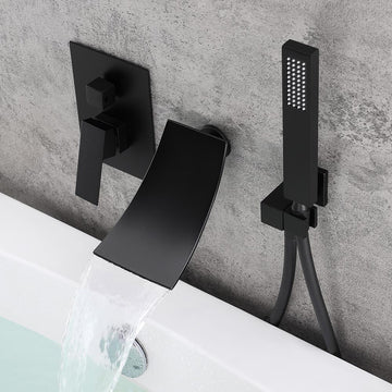 Modern Waterfall Wall-Mount Tub Filler Faucet Single Handle & Handshower in Matte Black